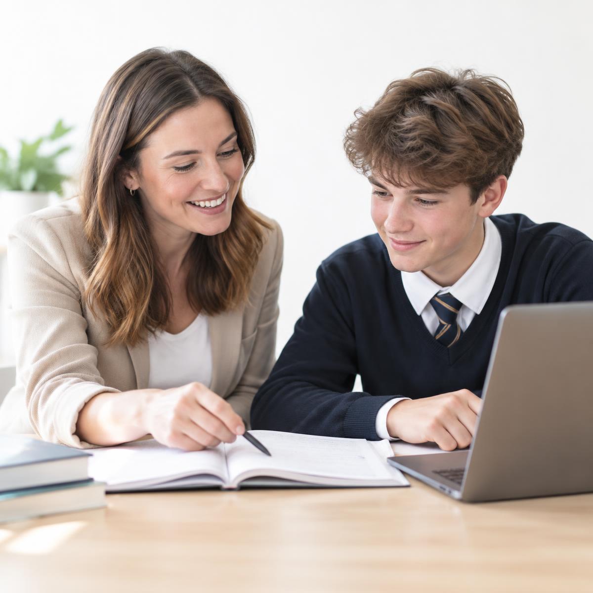 An educator working one-to-one with a secondary school student on an exercise book and laptop