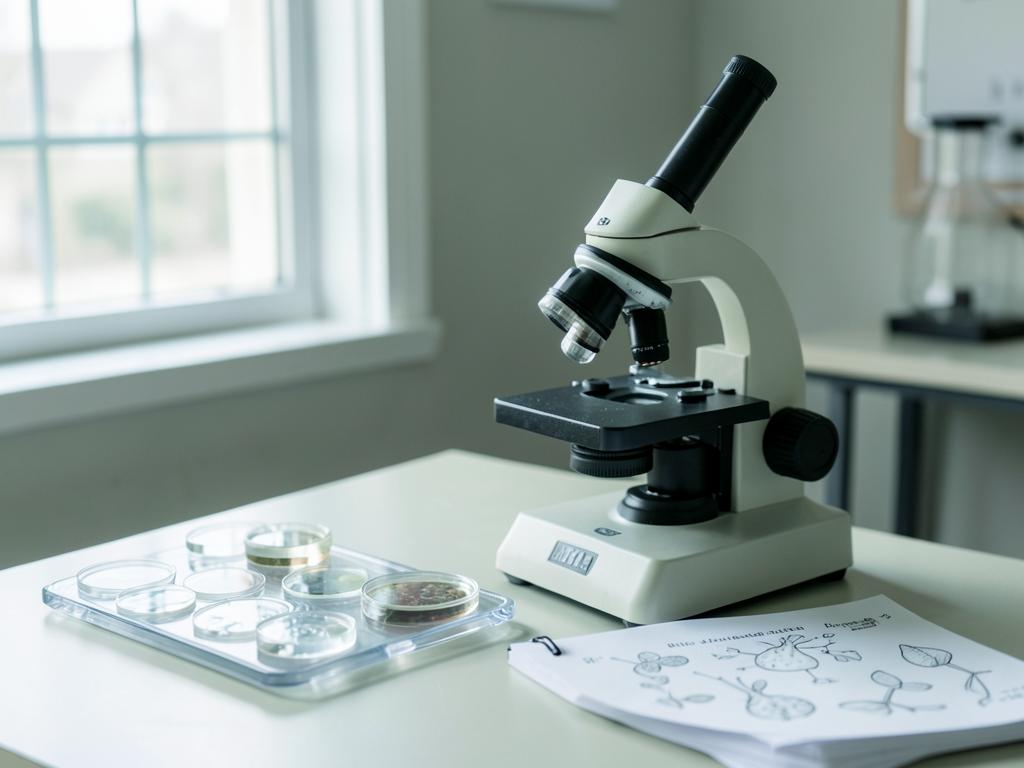 School laboratory microscope with prepared slides and a biology diagram sheet