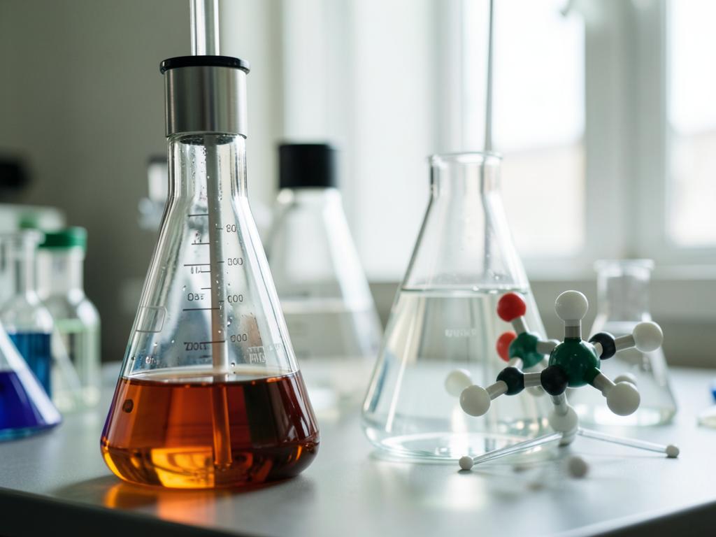 Chemistry glassware and a molecular model on a school lab bench