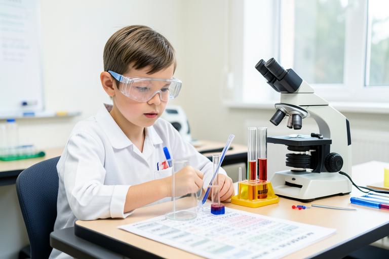 Science lab bench with safety goggles, test tubes, a microscope and a periodic table sheet