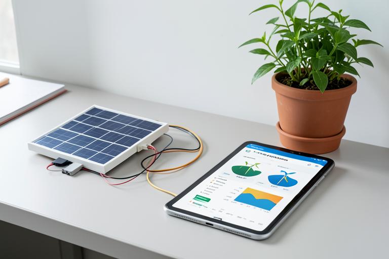 Environmental technology workspace with a small solar panel, circuit wires and a tablet showing renewable energy charts