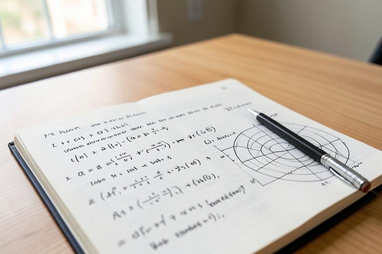 Advanced mathematics notebook with handwritten equations, polar graphs and a mechanical pencil