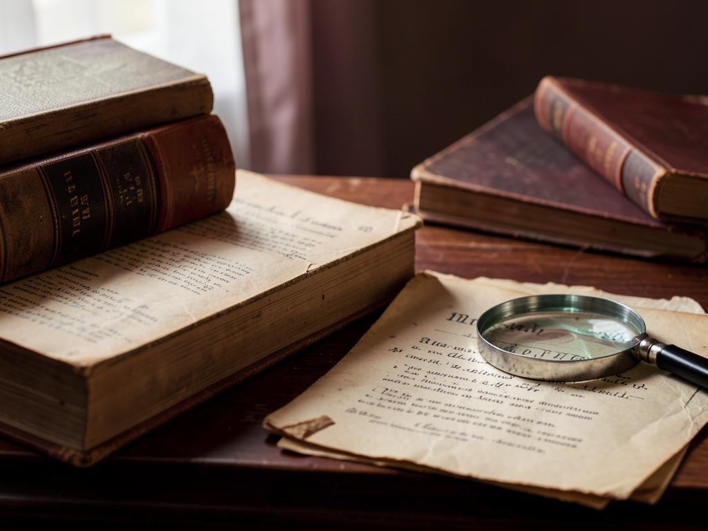 Archival history books and aged source documents with a magnifying glass