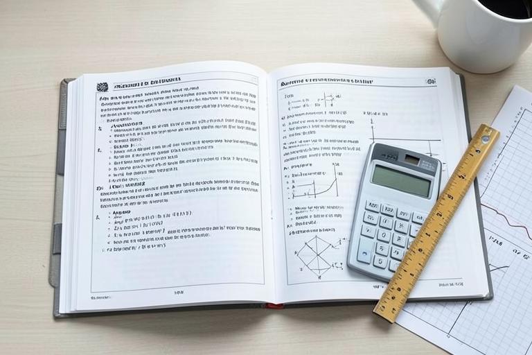 GCSE maths workbook open to algebra and geometry problems with a ruler and calculator