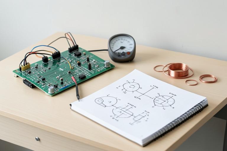 A-Level physics desk with a circuit board, voltmeter, copper coils and force diagrams